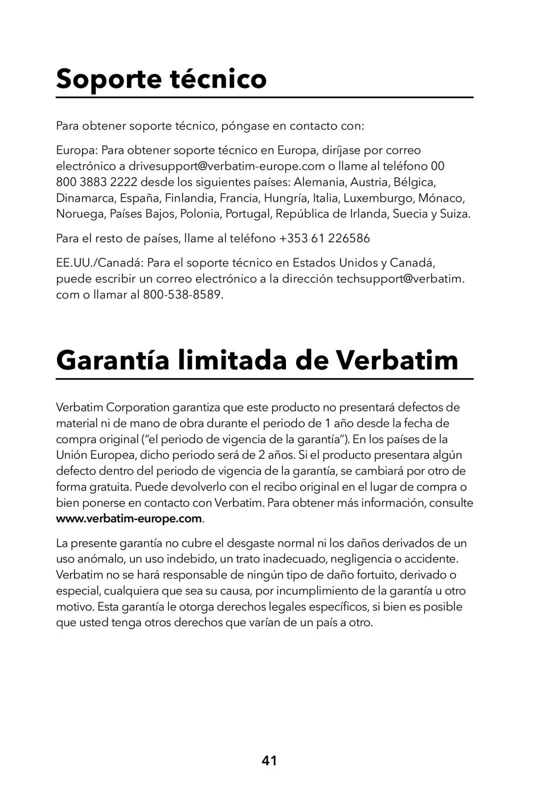 Verbatim Portable Hard Drive USB 2.0 manual Soporte técnico, Garantía limitada de Verbatim 