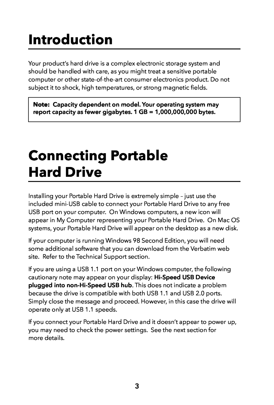 Verbatim Portable Hard Drive USB 2.0 manual Introduction, Connecting Portable Hard Drive 