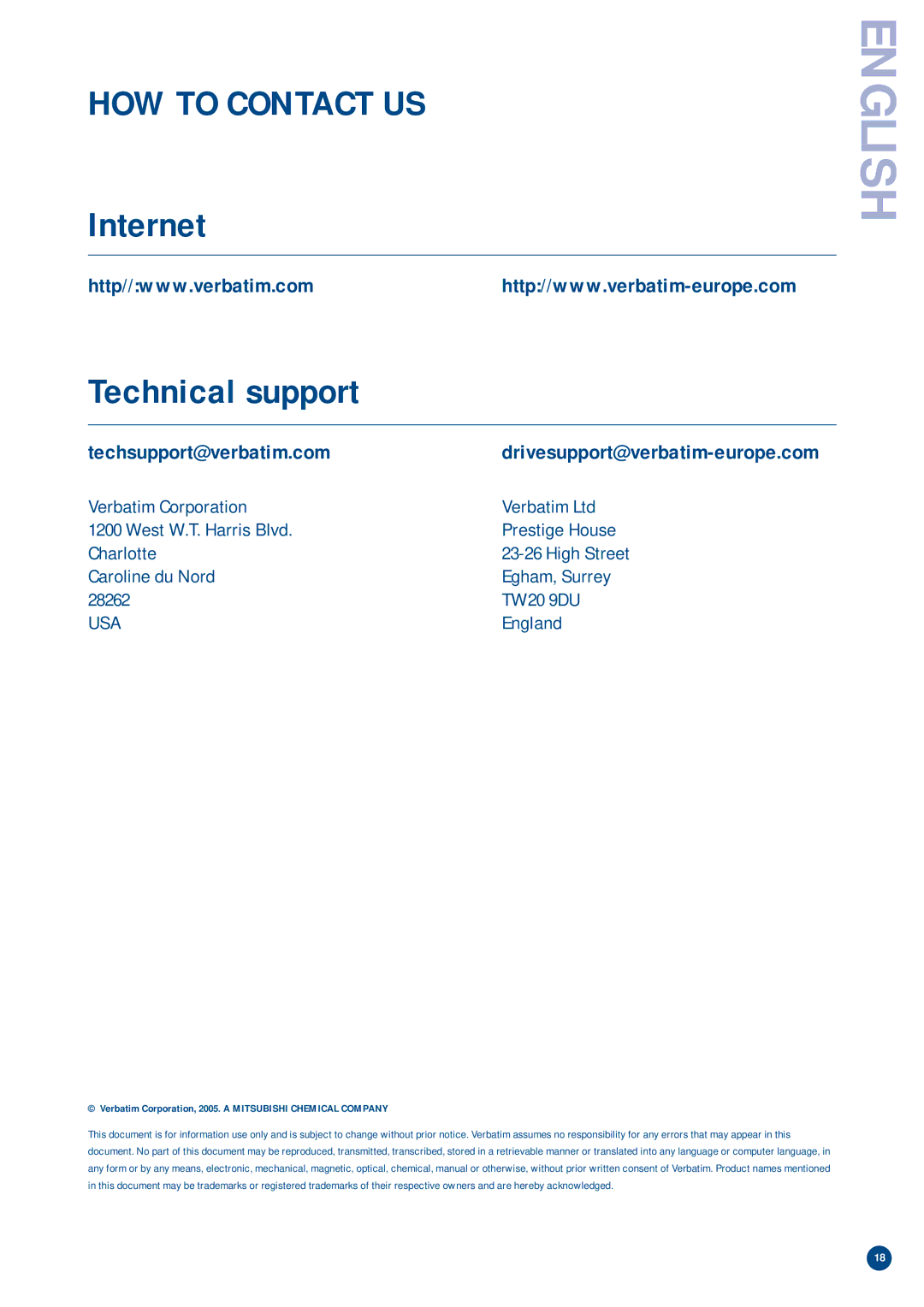 Verbatim V-Safe manual HOW to Contact US, Internet Technical support, Techsupport@verbatim.com 