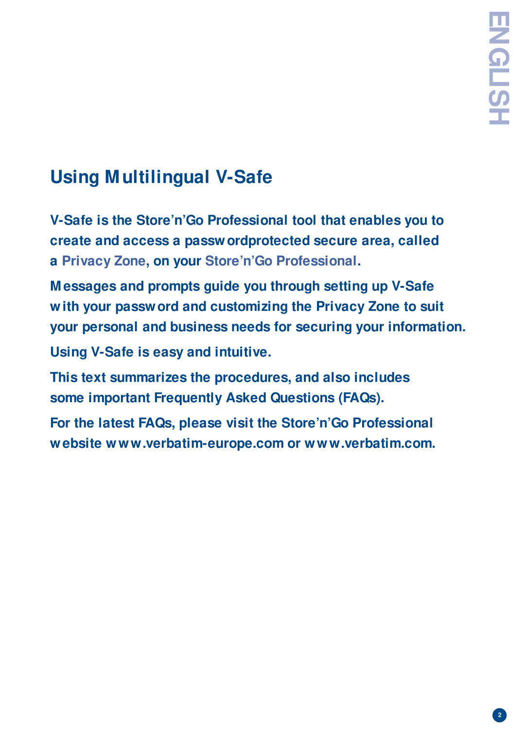 Verbatim manual English, Using Multilingual V-Safe 