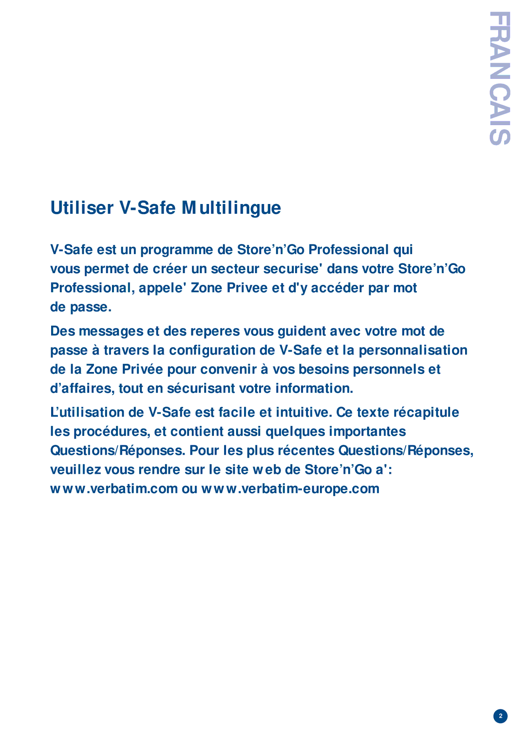 Verbatim manual Francais, Utiliser V-Safe Multilingue 