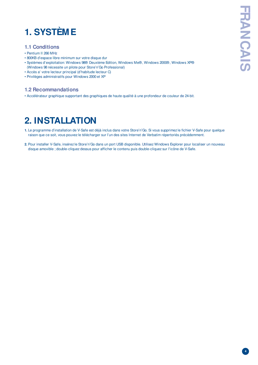 Verbatim V-Safe manual Système, Conditions, Recommandations 