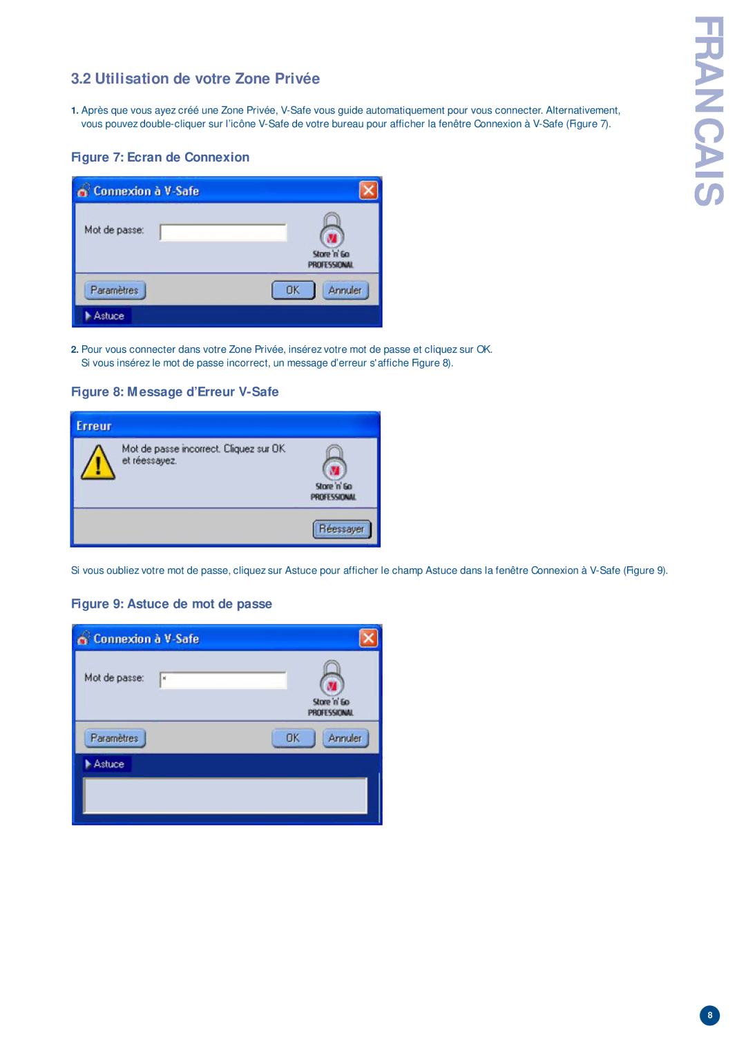 Verbatim V-Safe manual Utilisation de votre Zone Privée, Ecran de Connexion 