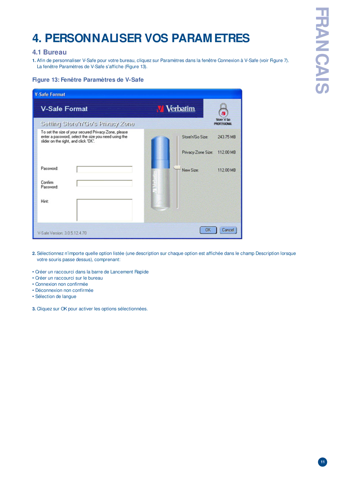 Verbatim V-Safe manual Personnaliser VOS Parametres, Bureau 