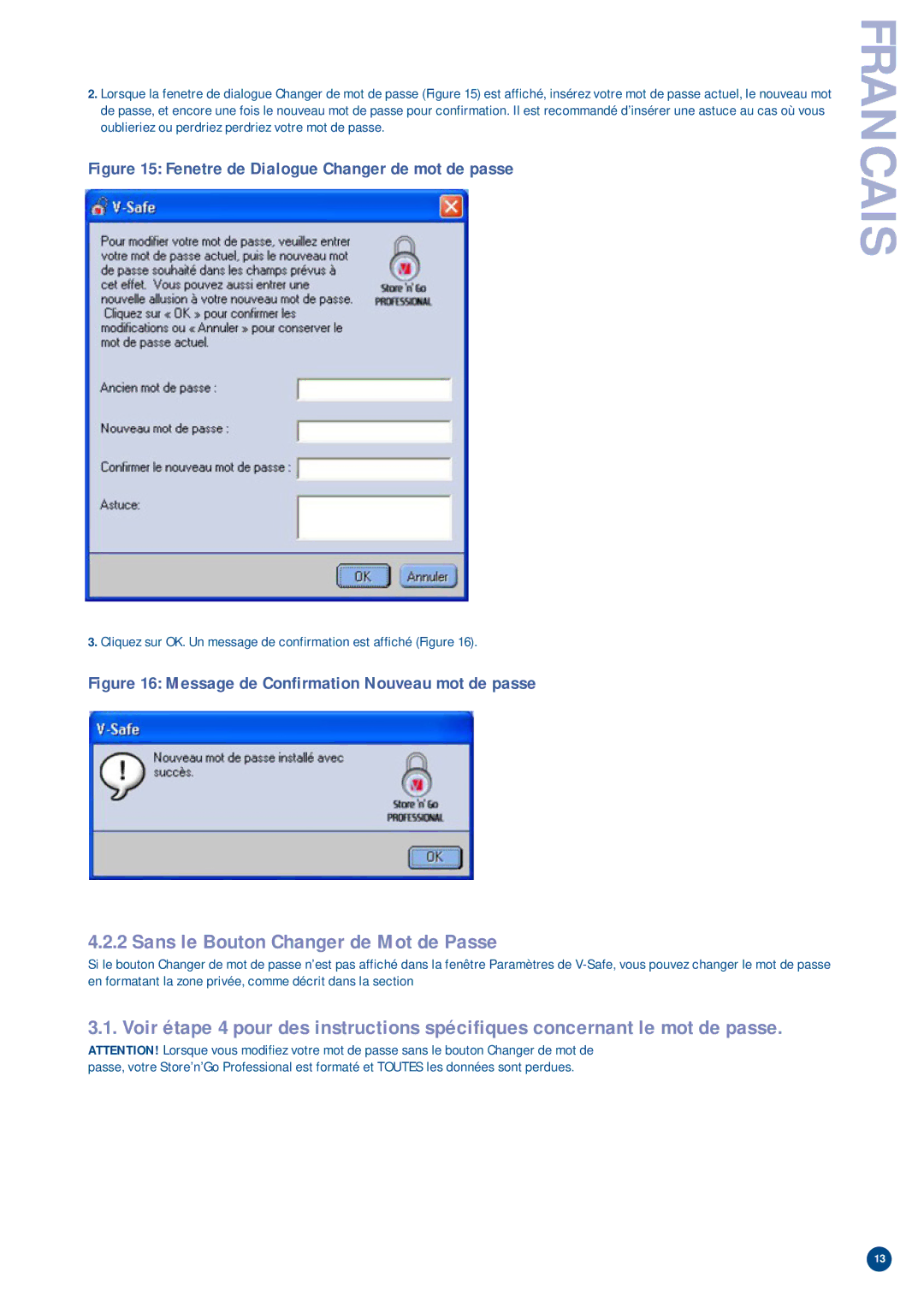 Verbatim V-Safe manual Fenetre de Dialogue Changer de mot de passe 