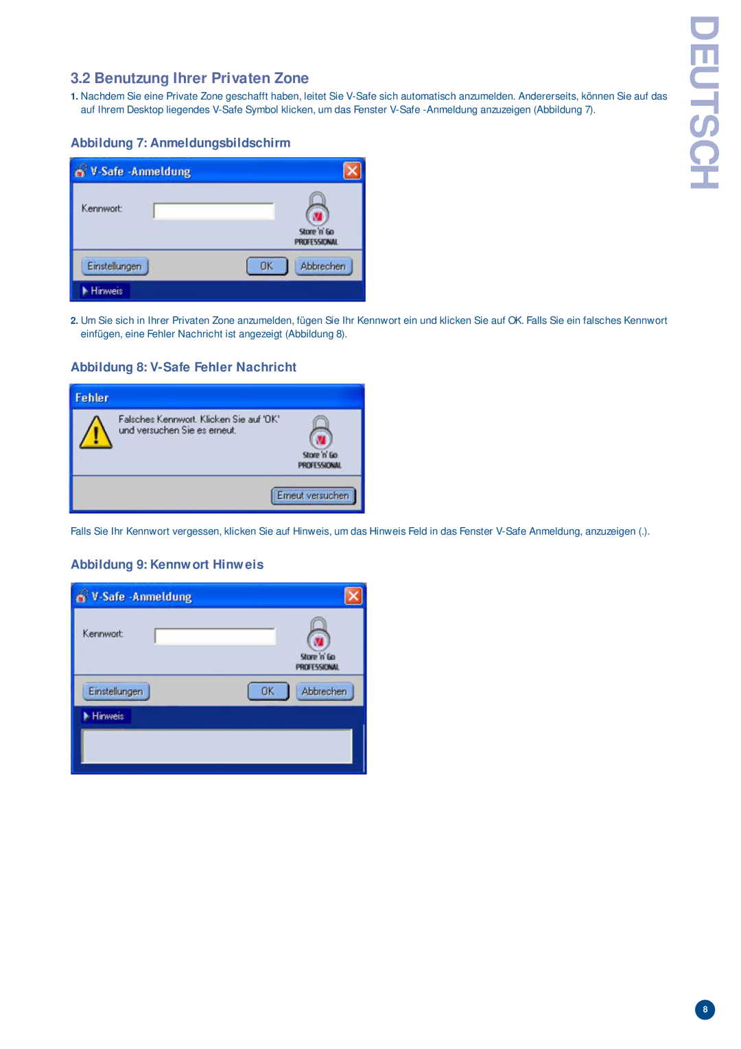 Verbatim V-Safe manual Benutzung Ihrer Privaten Zone, Abmeldung aus Ihrer Privaten Zone 