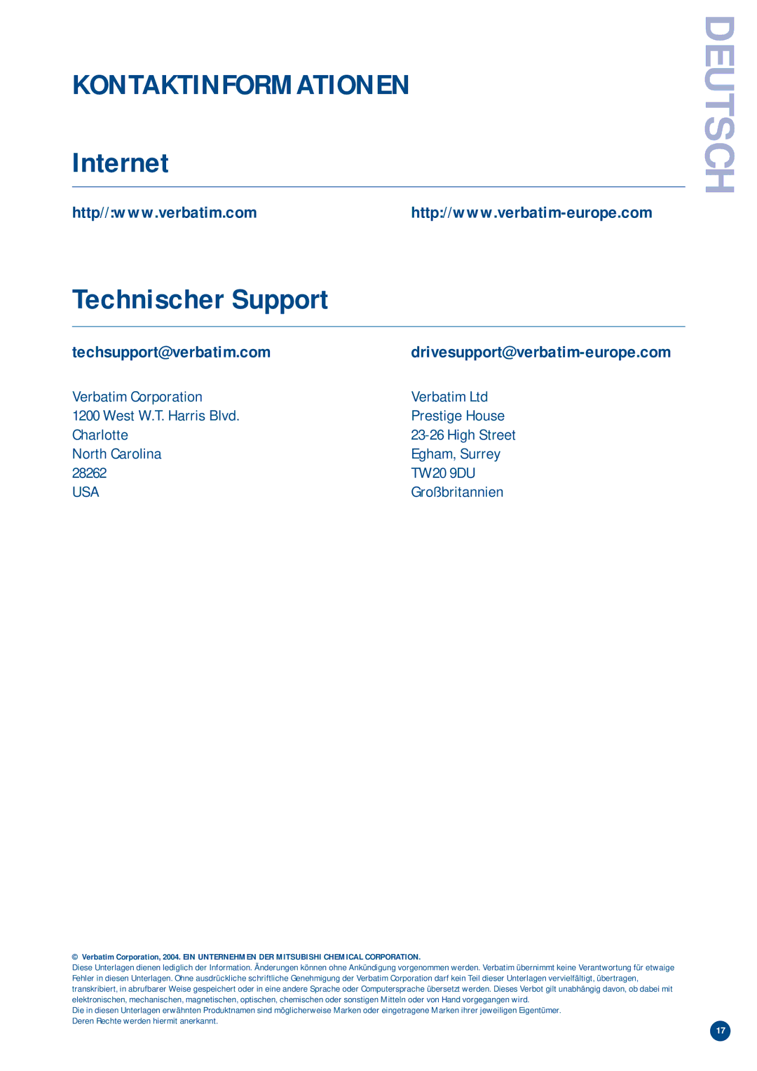 Verbatim V-Safe manual Kontaktinformationen, Internet Technischer Support 