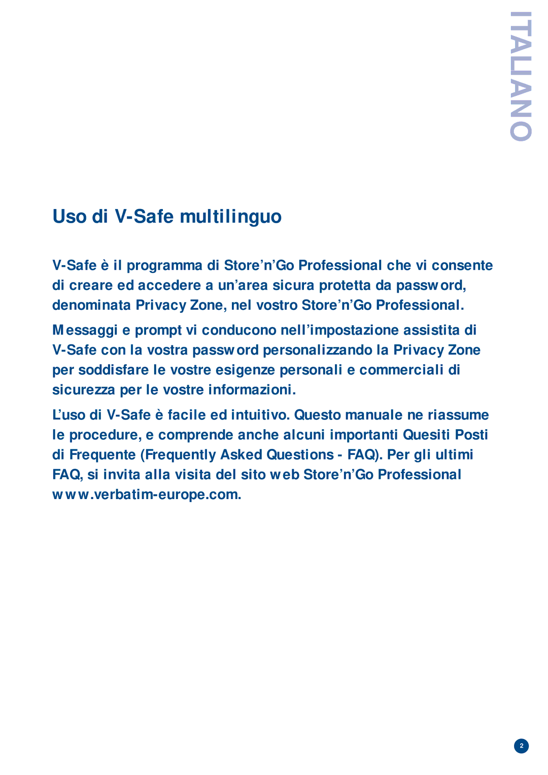 Verbatim manual Italiano, Uso di V-Safe multilinguo 