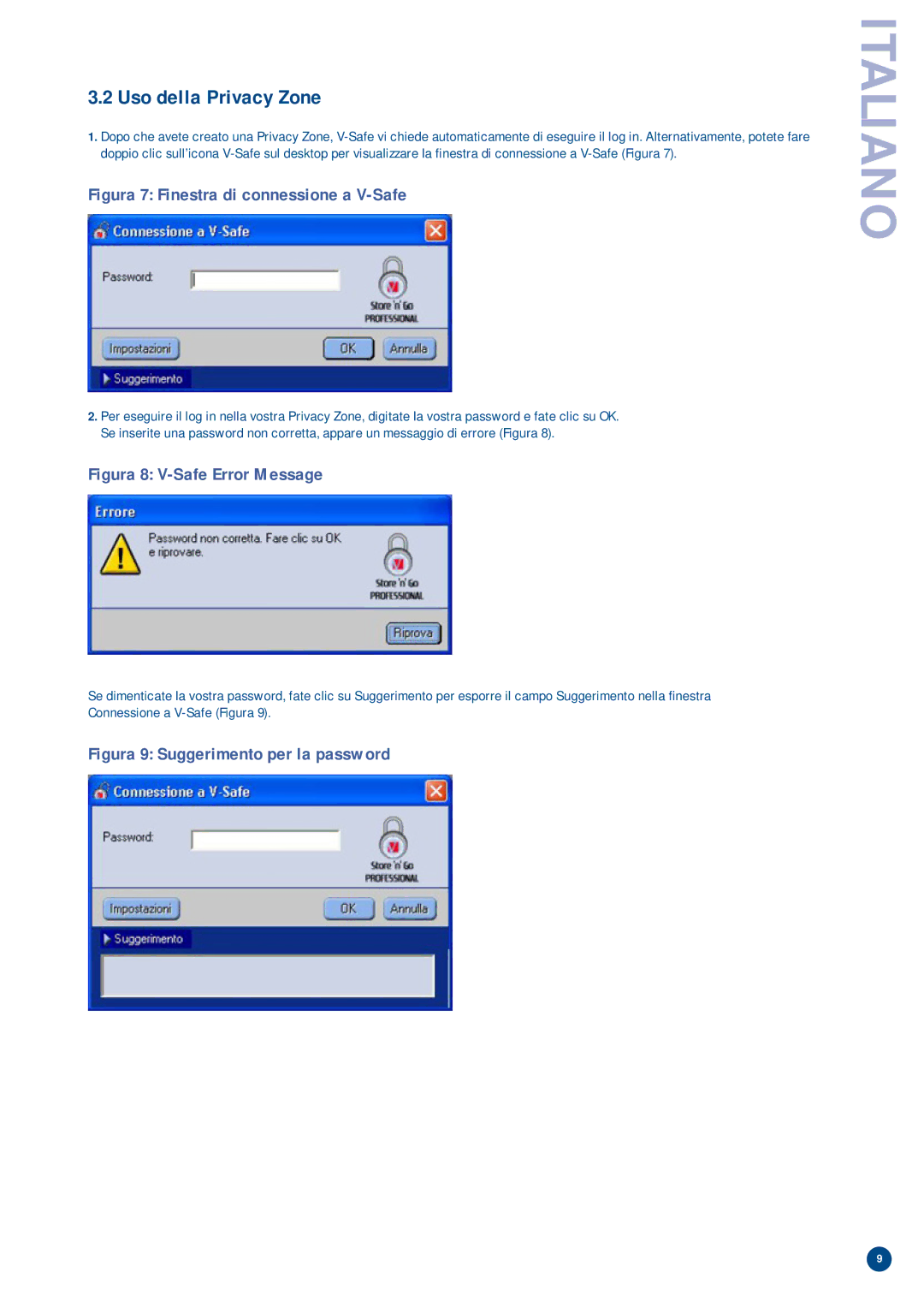 Verbatim manual Uso della Privacy Zone, Figura 7 Finestra di connessione a V-Safe 