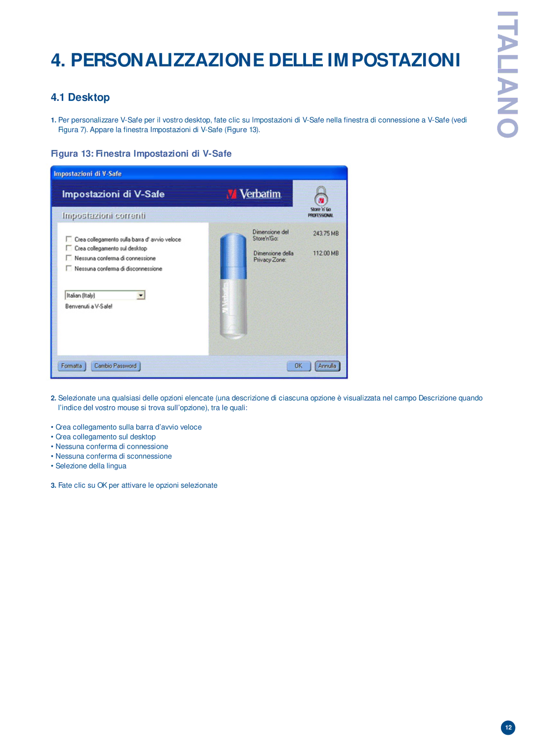 Verbatim V-Safe manual Personalizzazione Delle Impostazioni 