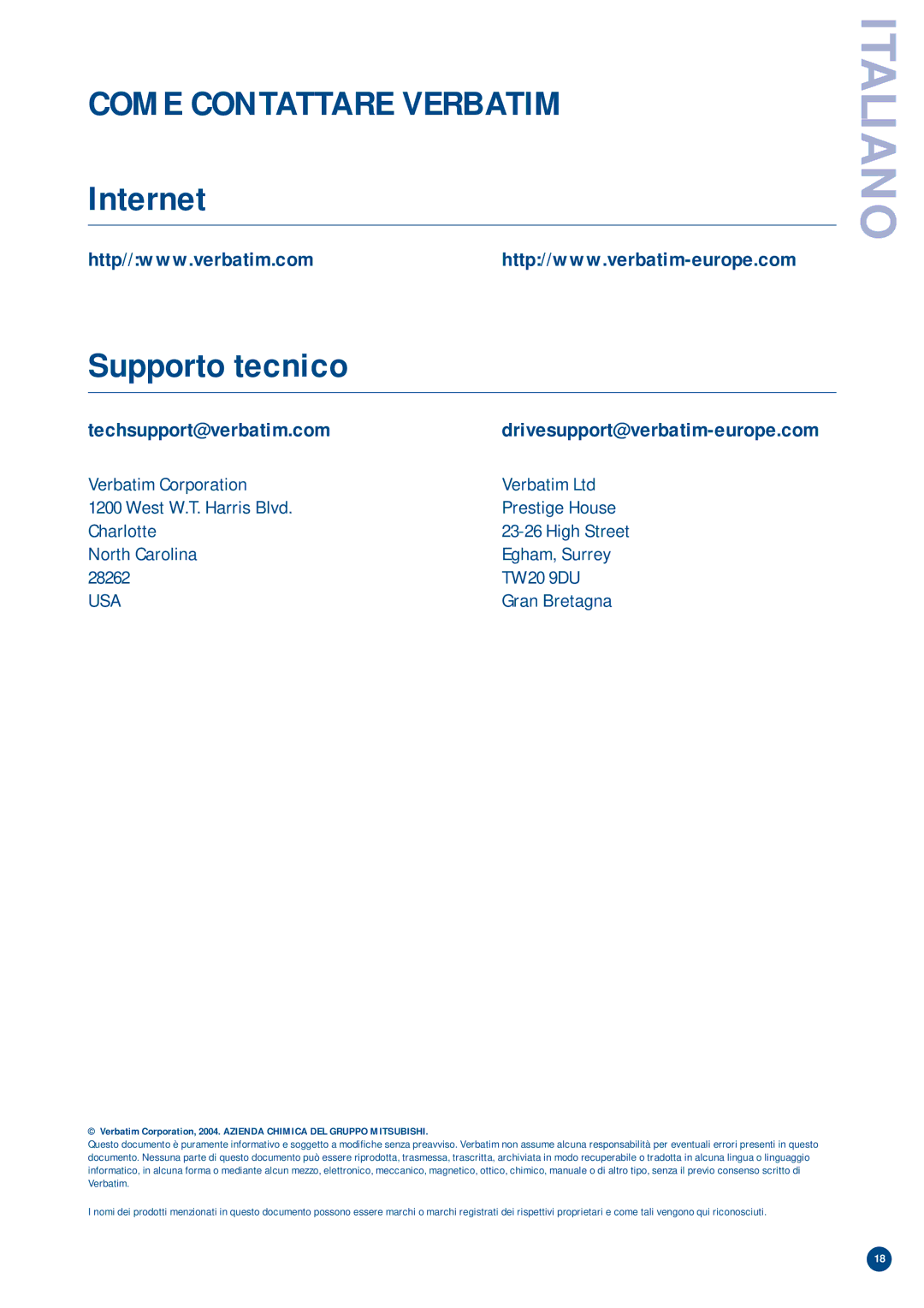 Verbatim V-Safe manual Come Contattare Verbatim, Internet Supporto tecnico 