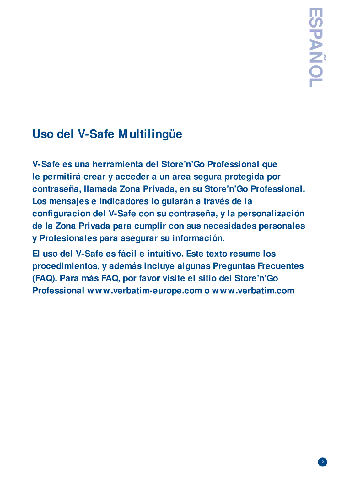 Verbatim manual Español, Uso del V-Safe Multilingüe 