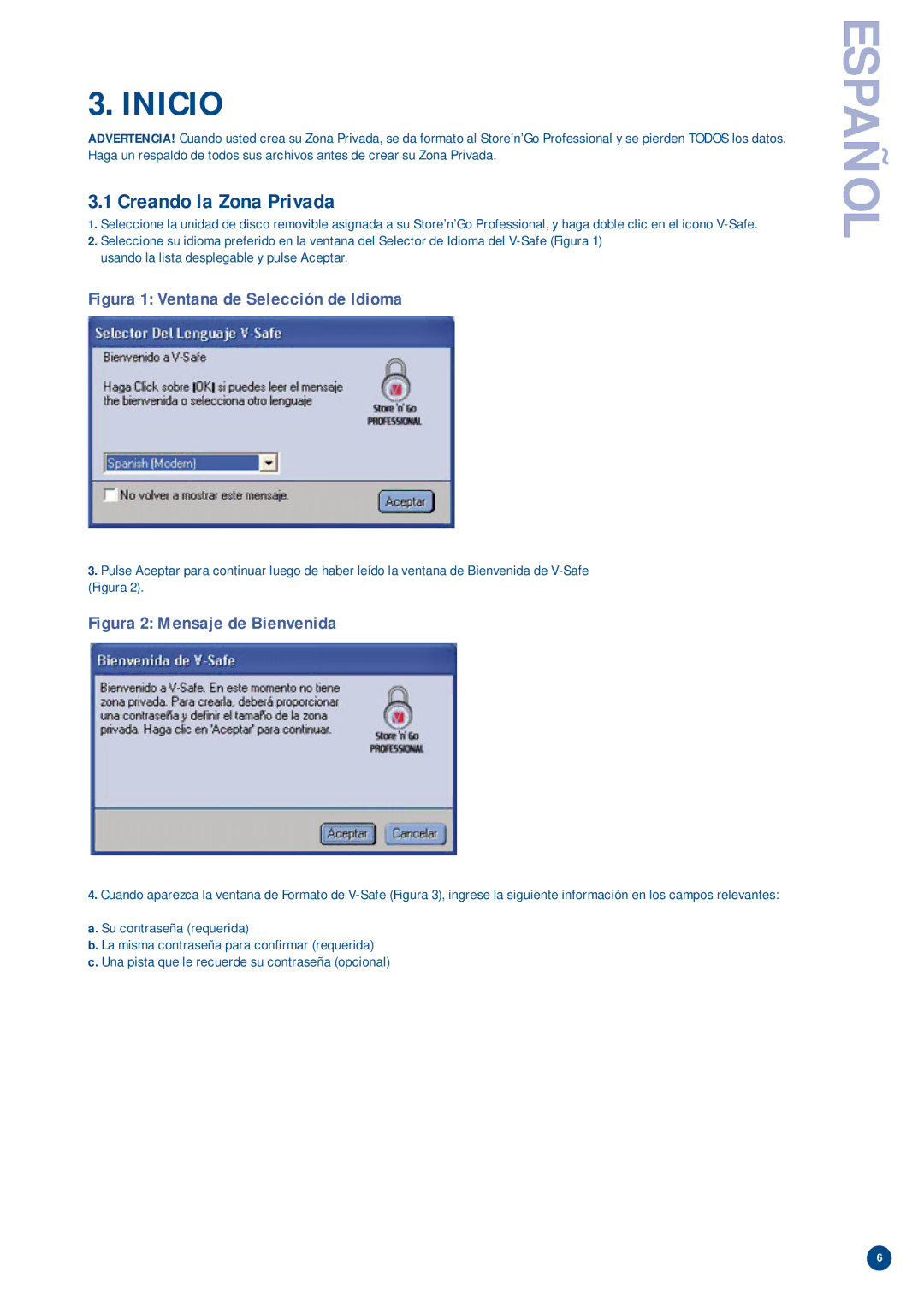 Verbatim V-Safe manual Inicio, Creando la Zona Privada 