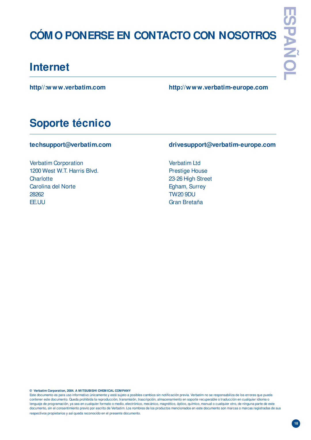 Verbatim V-Safe manual Internet Soporte técnico, Verbatim Corporation, 2004. a Mitsubishi Chemical Company 