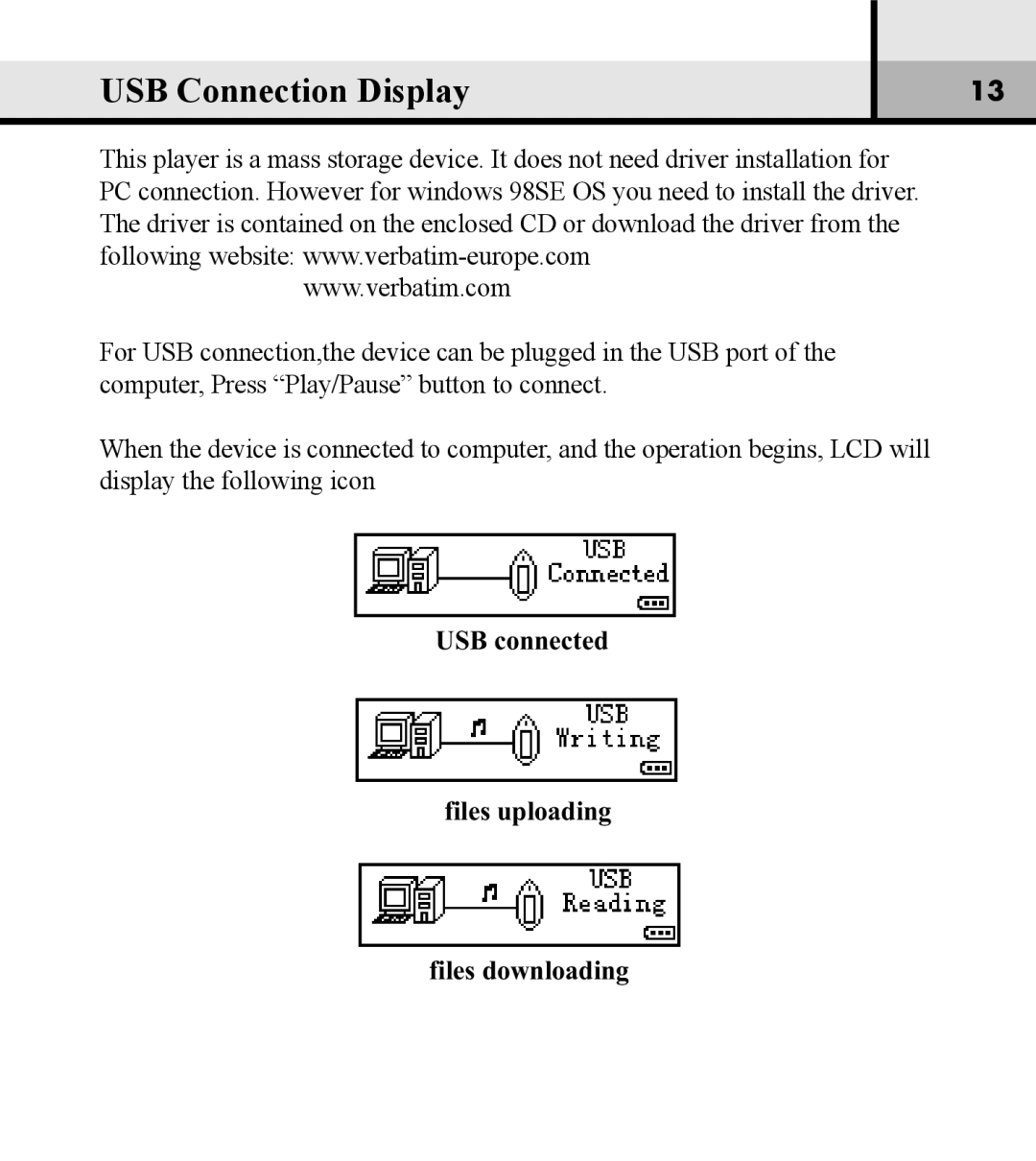 Verbatim VM-01 user manual USB Connection Display, USB connected Files uploading Files downloading 