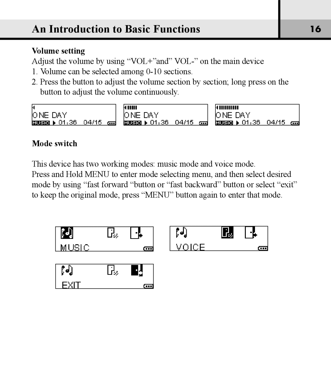 Verbatim VM-01 user manual Volume setting, Mode switch 