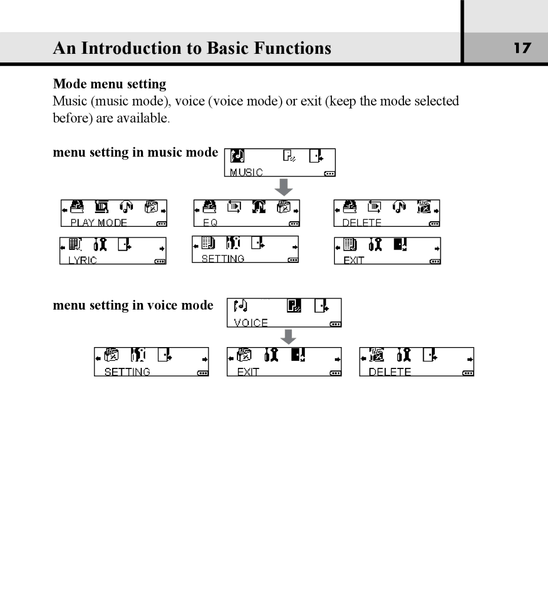 Verbatim VM-01 user manual Mode menu setting, Menu setting in music mode Menu setting in voice mode 