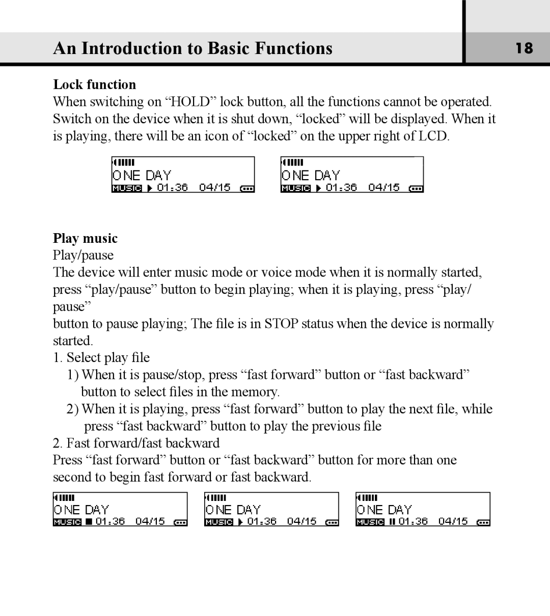 Verbatim VM-01 user manual Lock function, Play music Play/pause 