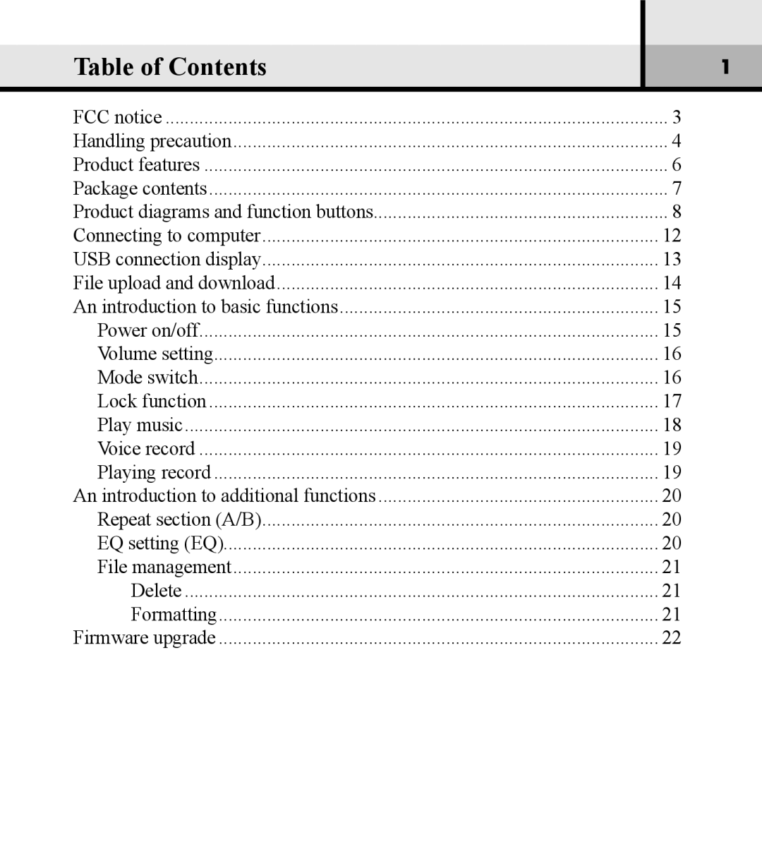 Verbatim VM-01 user manual Table of Contents 