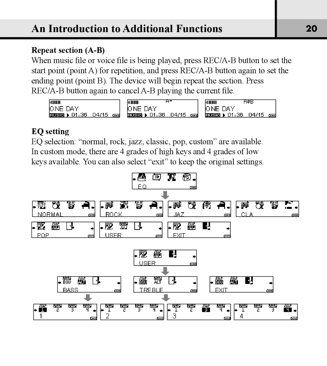 Verbatim VM-01 user manual An Introduction to Additional Functions, Repeat section A-B, EQ setting 