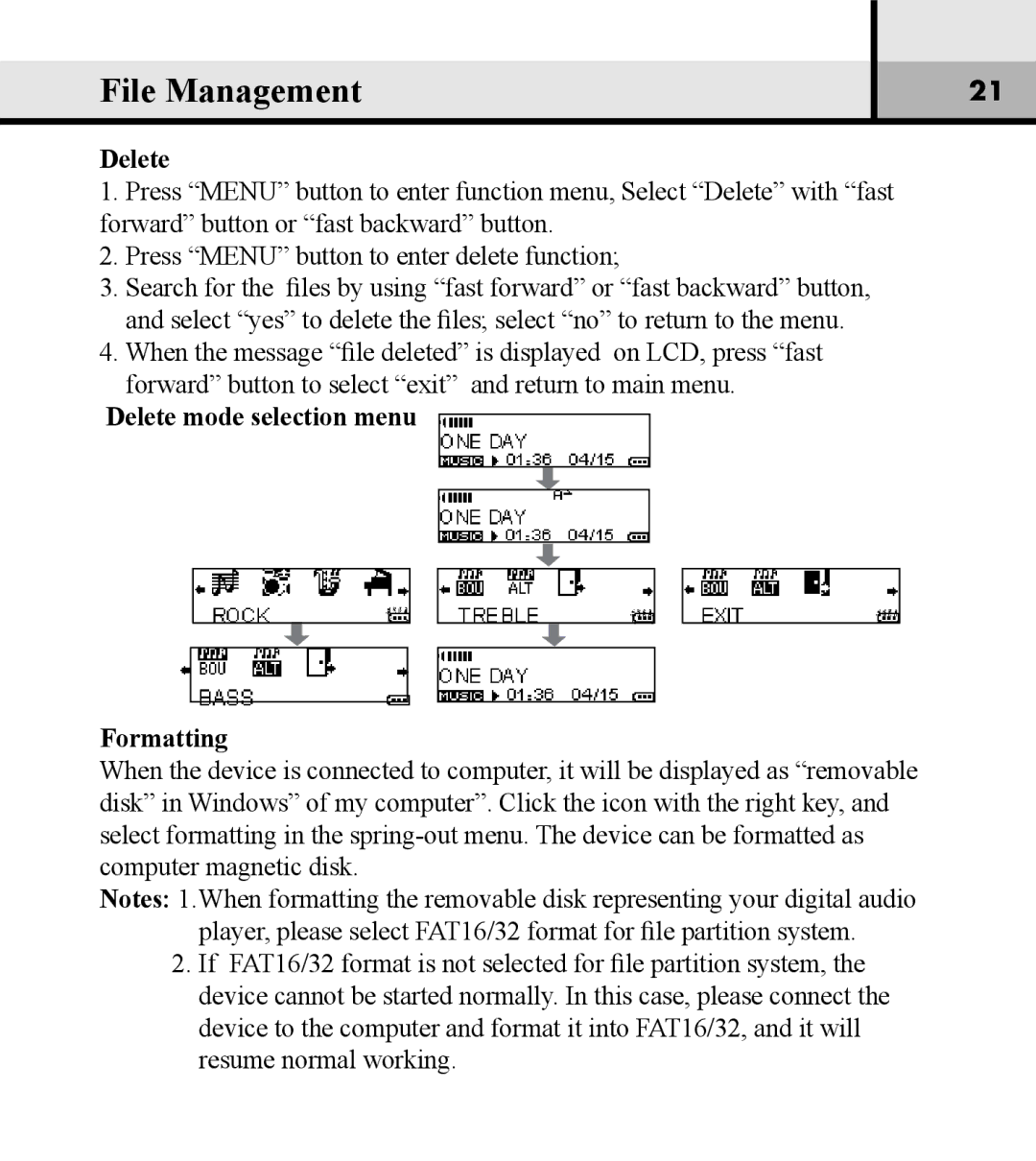 Verbatim VM-01 user manual File Management, Delete mode selection menu Formatting 