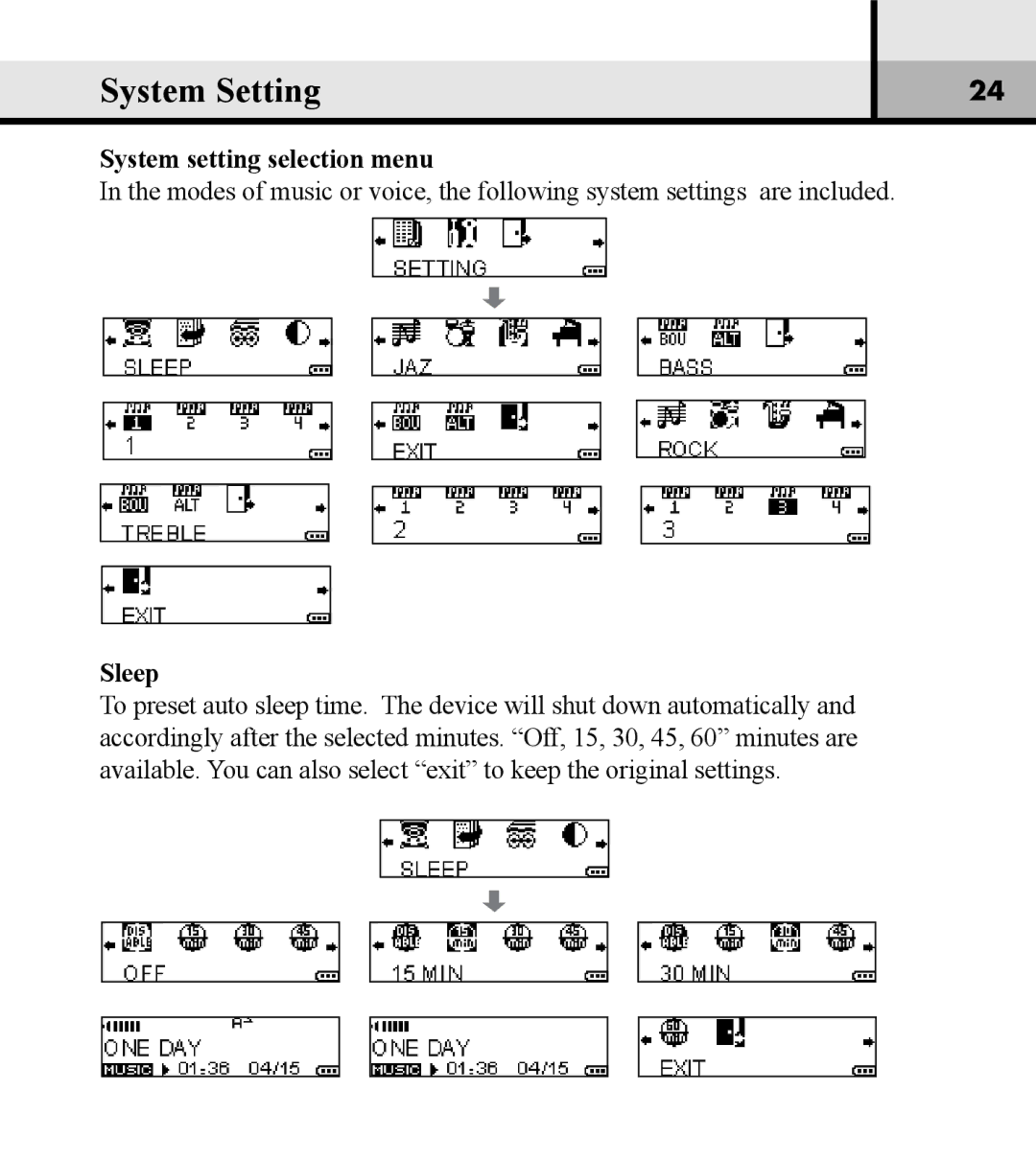 Verbatim VM-01 user manual System Setting, System setting selection menu, Sleep 