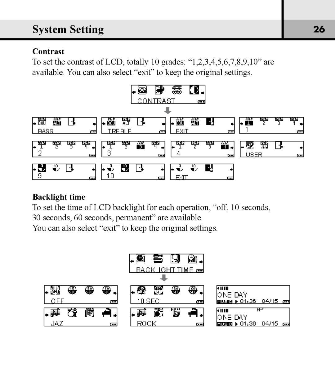 Verbatim VM-01 user manual Contrast, Backlight time 