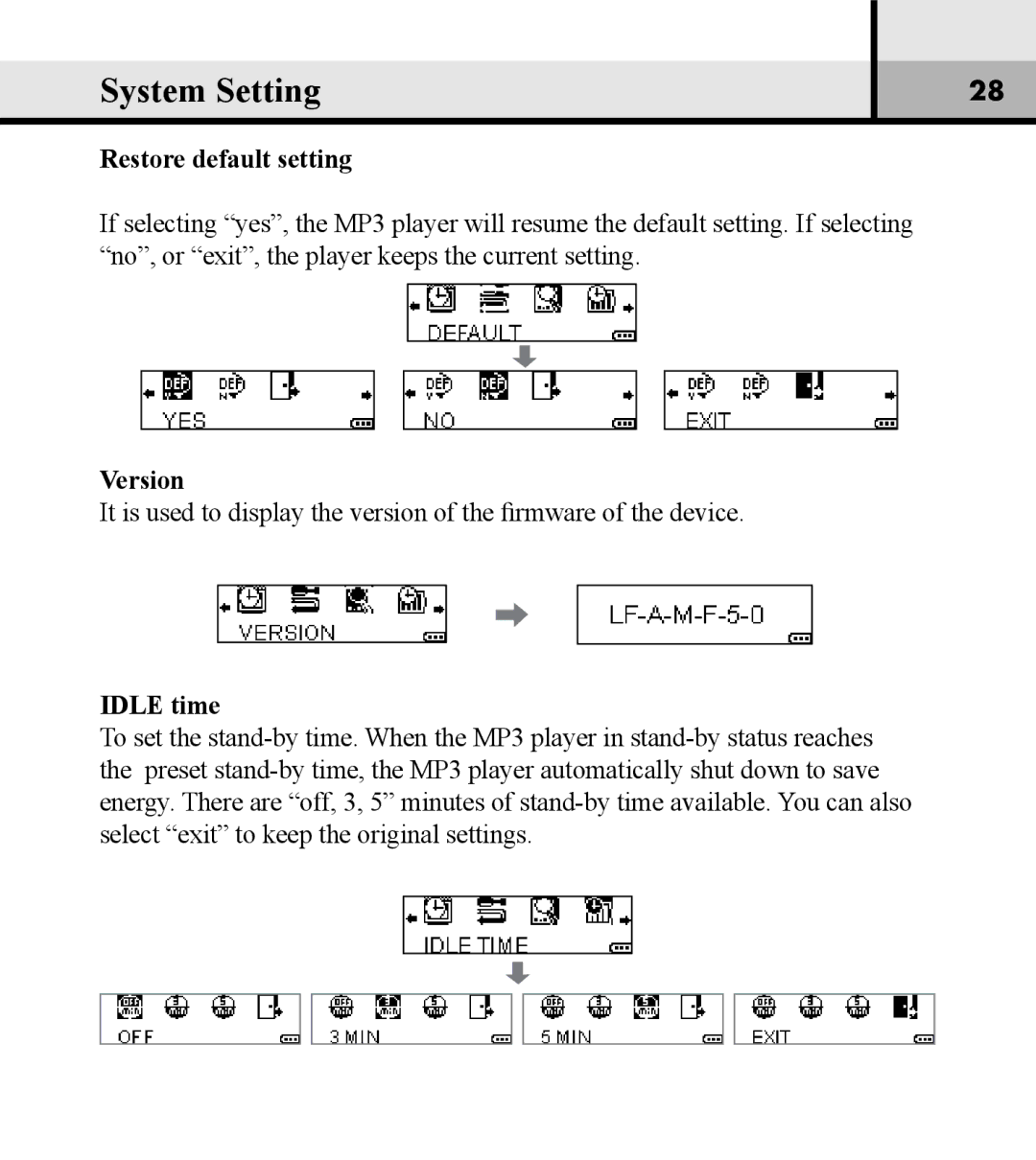 Verbatim VM-01 user manual Restore default setting, Version, Idle time 