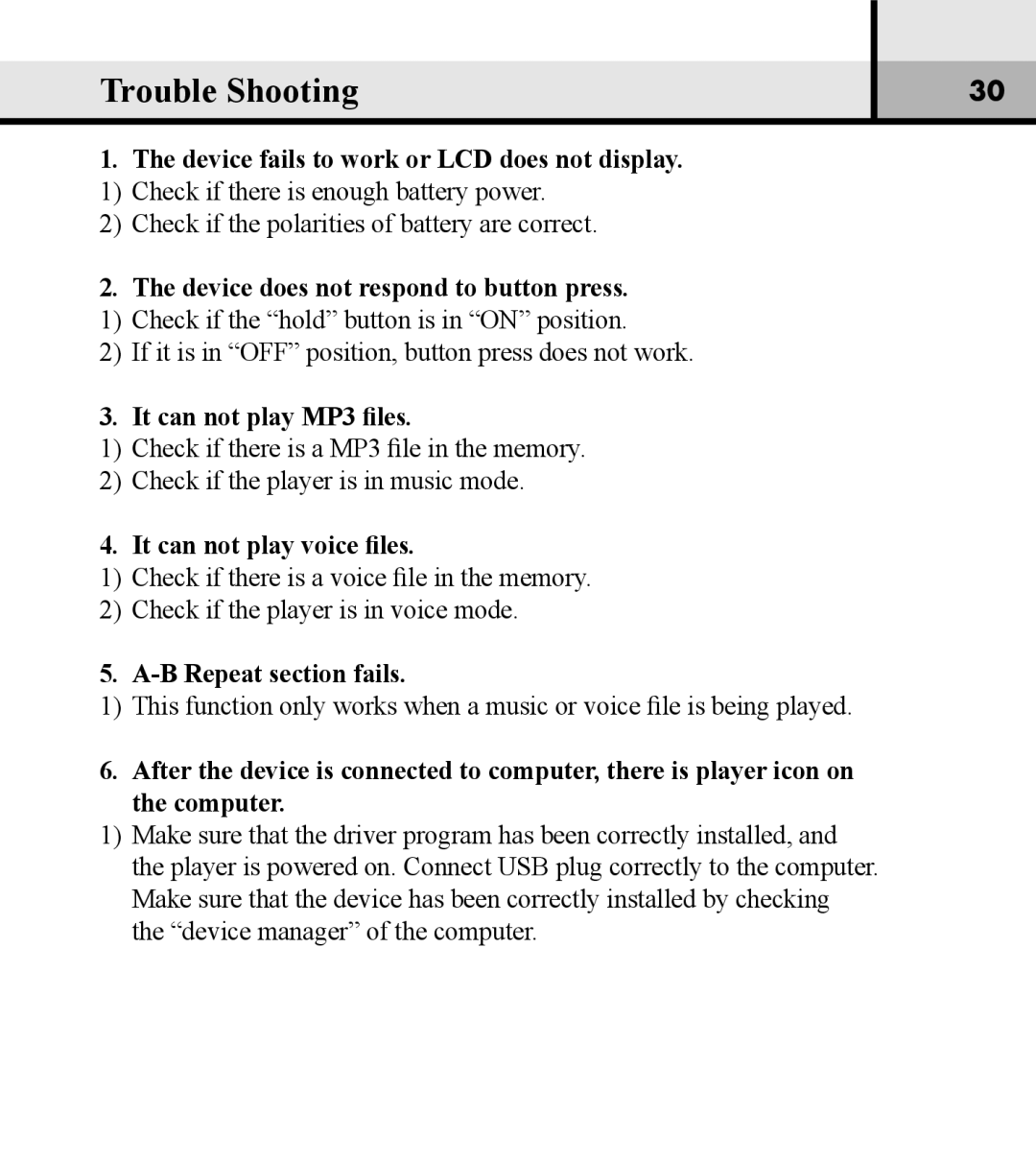 Verbatim VM-01 user manual Trouble Shooting 