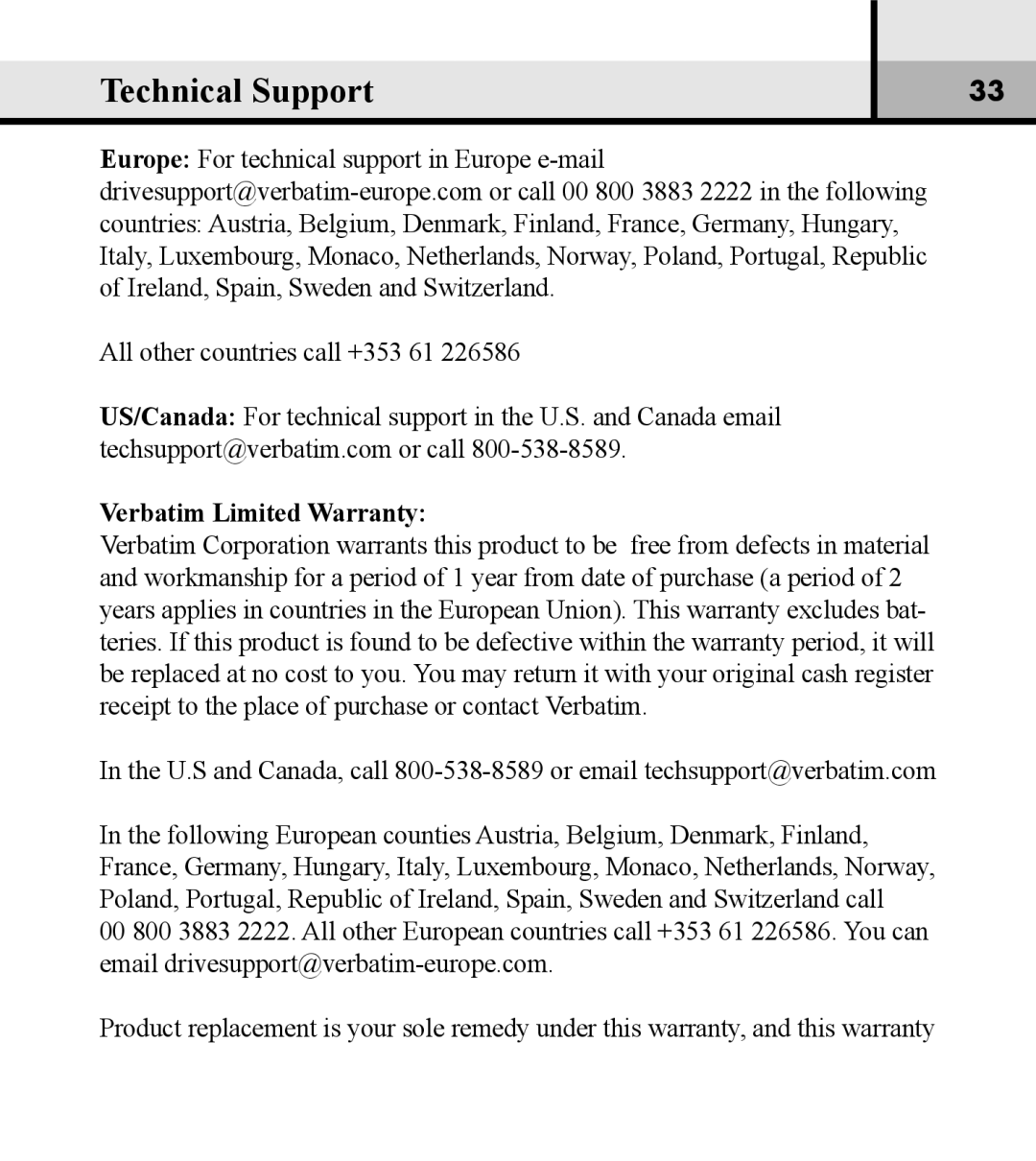 Verbatim VM-01 user manual Technical Support, Verbatim Limited Warranty 