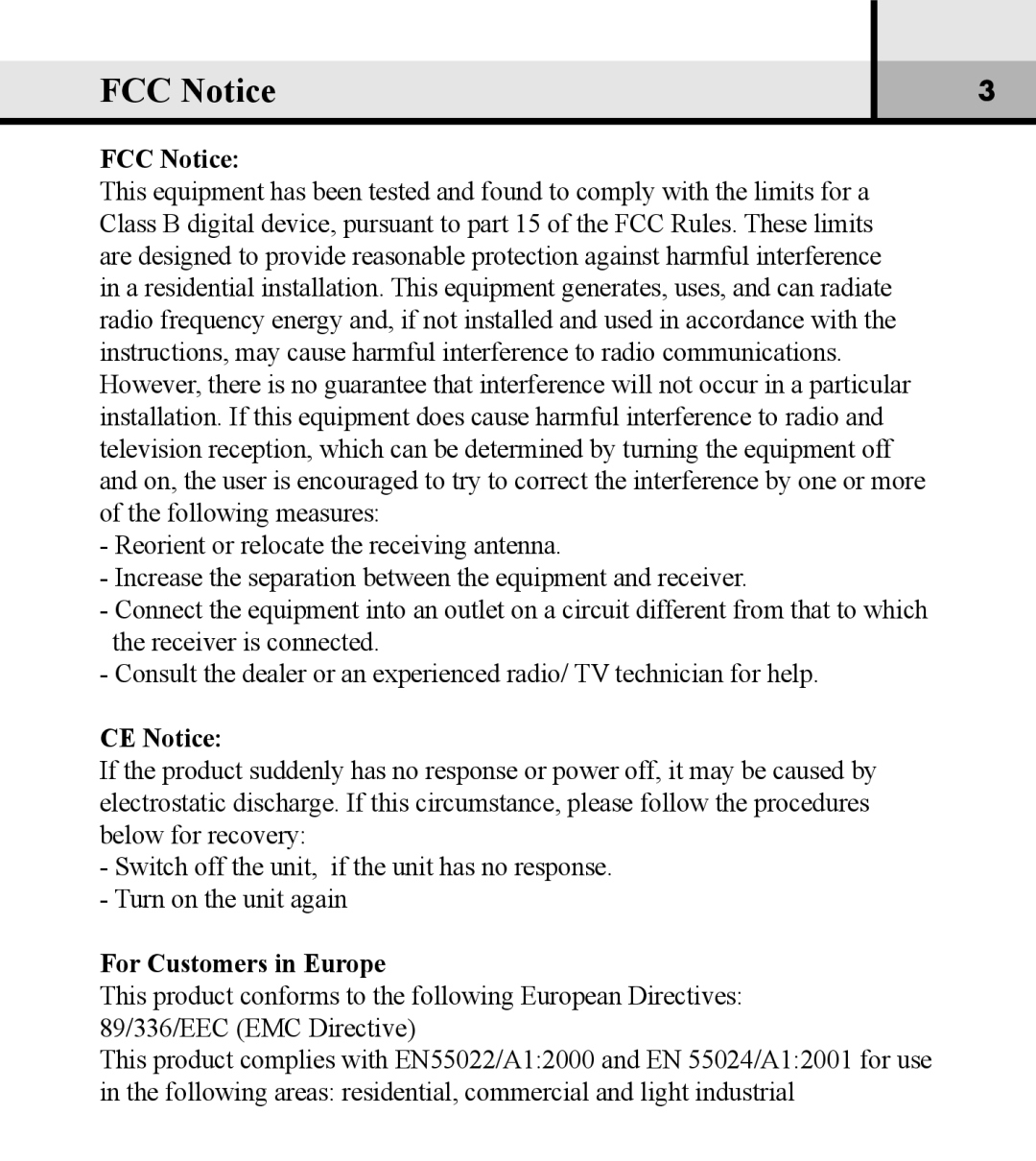 Verbatim VM-01 user manual FCC Notice, CE Notice, For Customers in Europe 