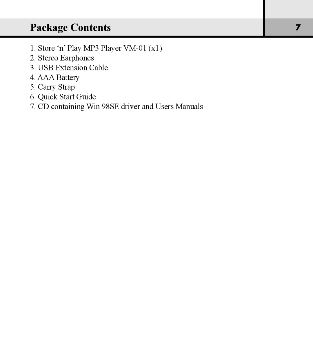 Verbatim VM-01 user manual Package Contents 