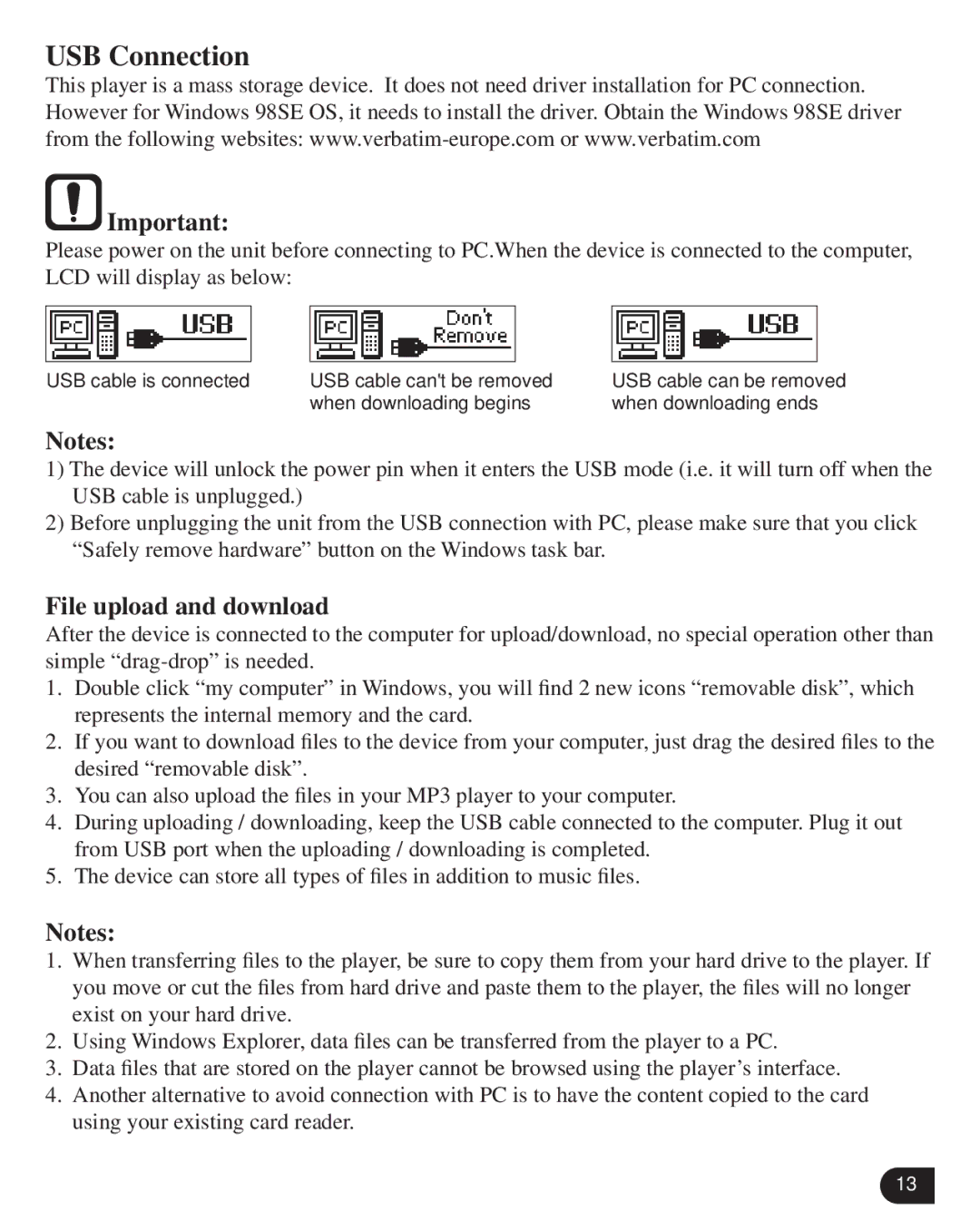 Verbatim VM-205 user manual USB Connection, File upload and download 