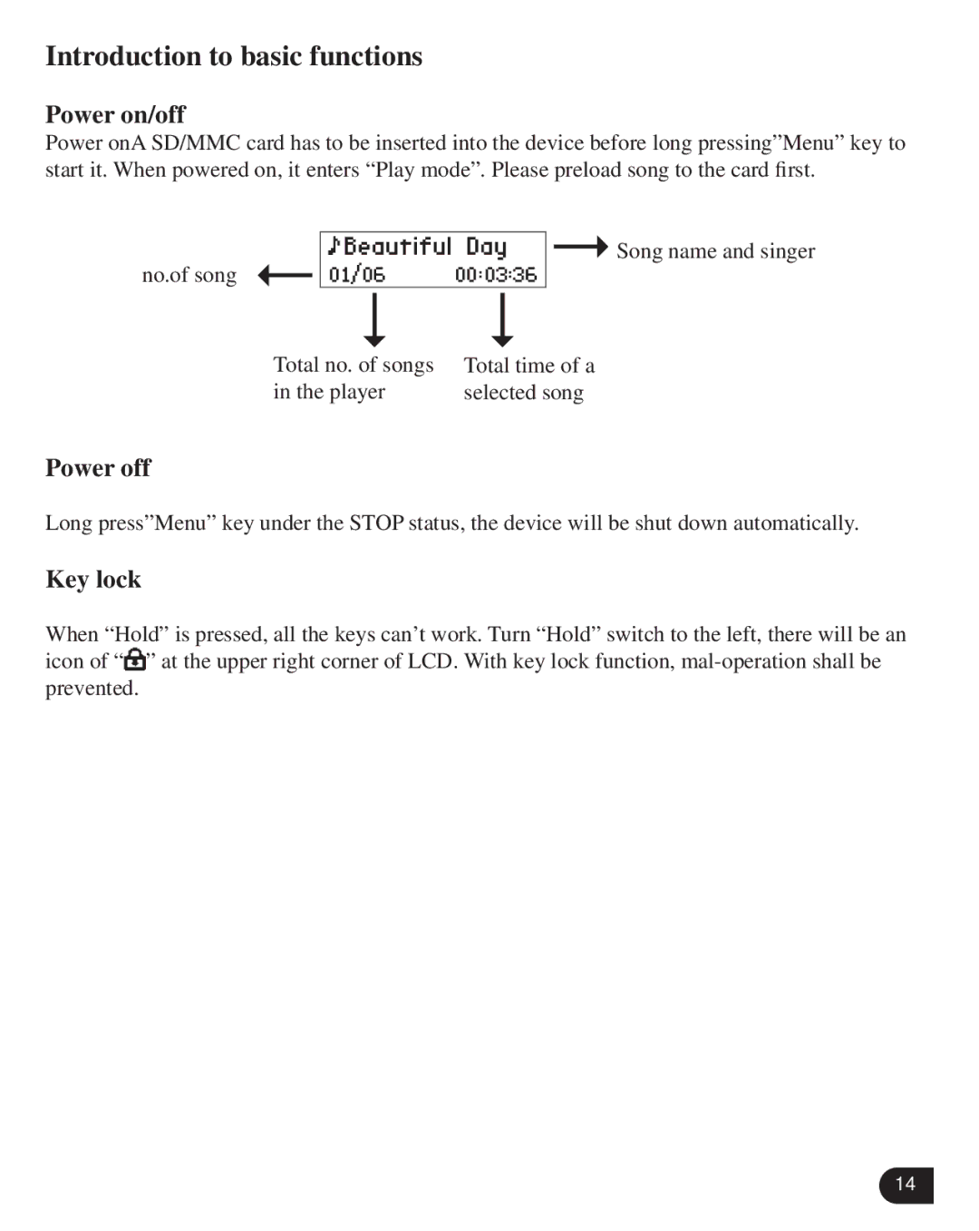 Verbatim VM-205 user manual Introduction to basic functions, Power on/off, Power off, Key lock 