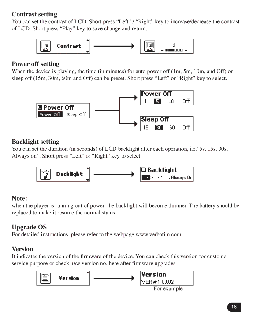 Verbatim VM-205 user manual Contrast setting, Power off setting, Backlight setting, Upgrade OS Version 