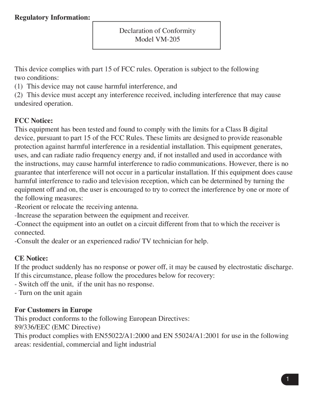 Verbatim VM-205 user manual Regulatory Information 