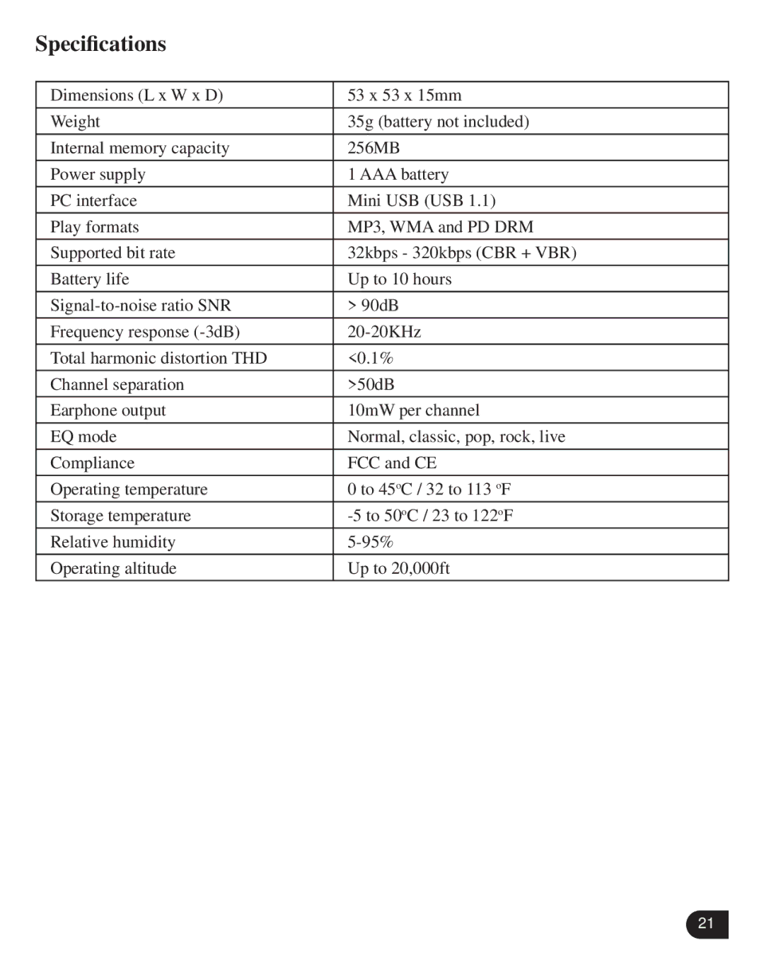 Verbatim VM-205 user manual Speciﬁcations 