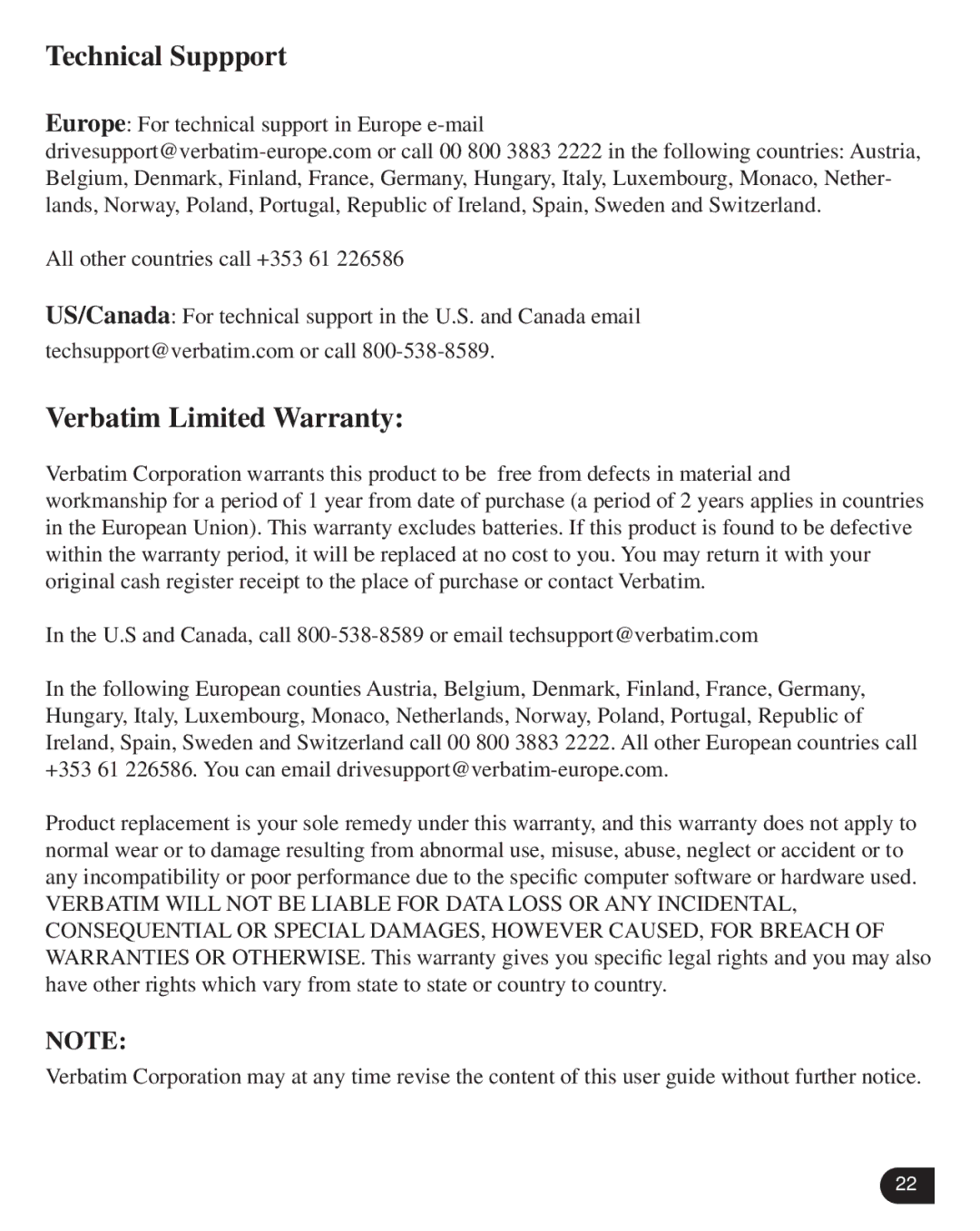 Verbatim VM-205 user manual Technical Suppport, Verbatim Limited Warranty 