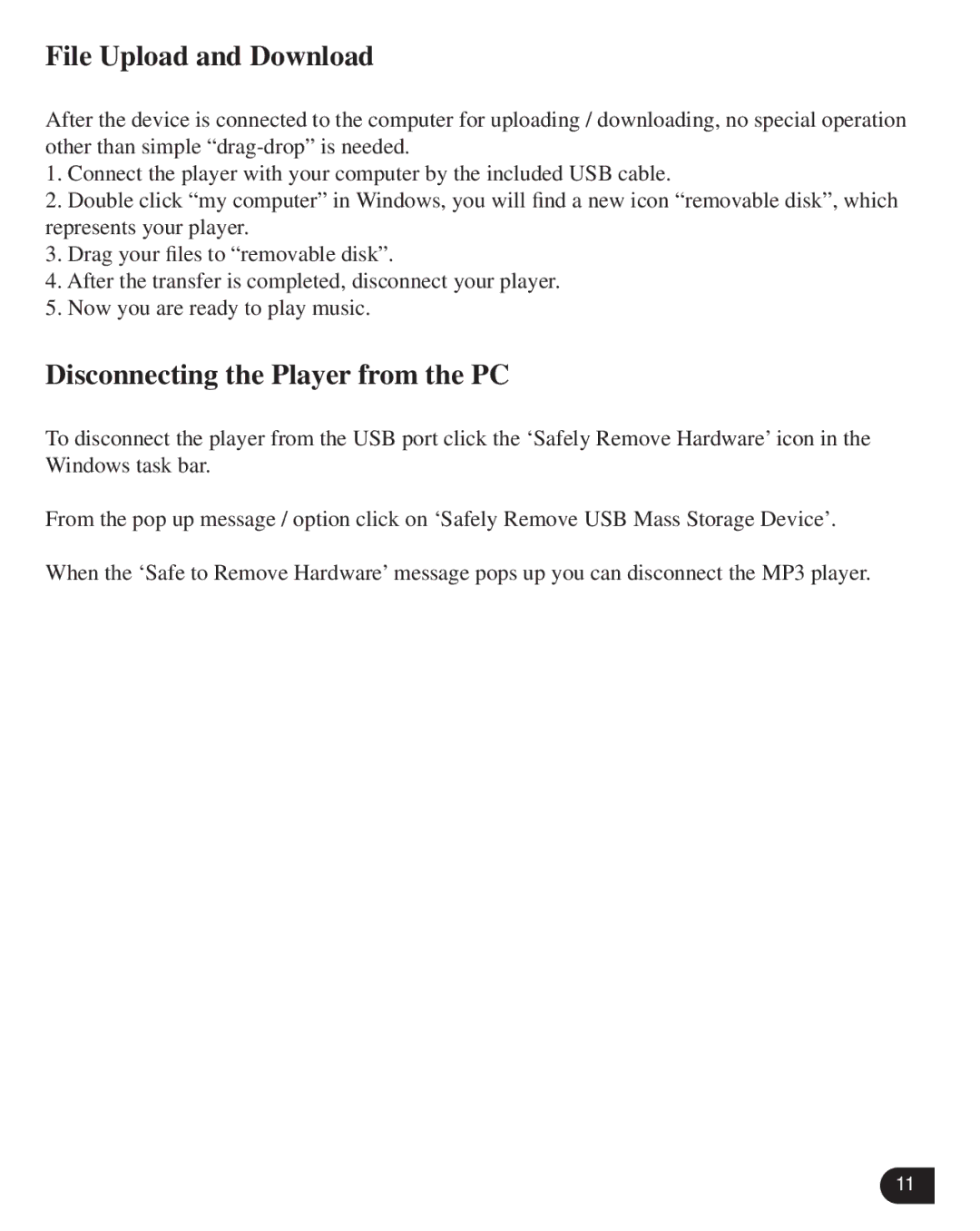 Verbatim VM-399 user manual File Upload and Download, Disconnecting the Player from the PC 