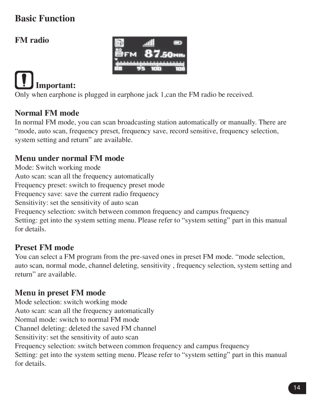 Verbatim VM-399 user manual FM radio, Normal FM mode, Menu under normal FM mode, Preset FM mode, Menu in preset FM mode 