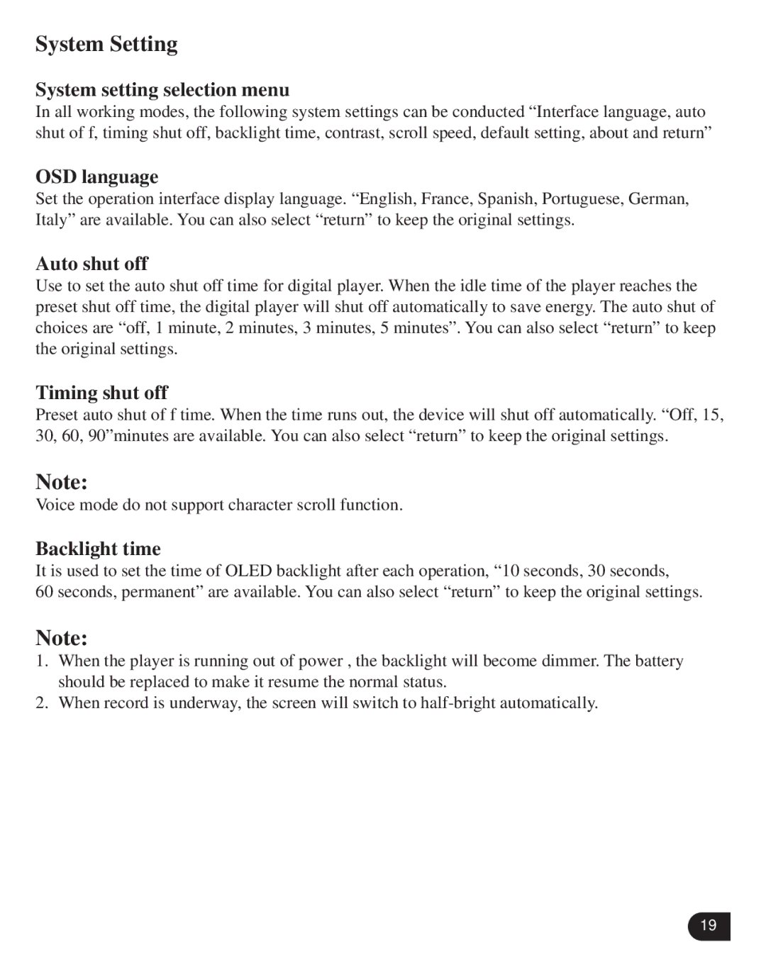 Verbatim VM-399 user manual System Setting 