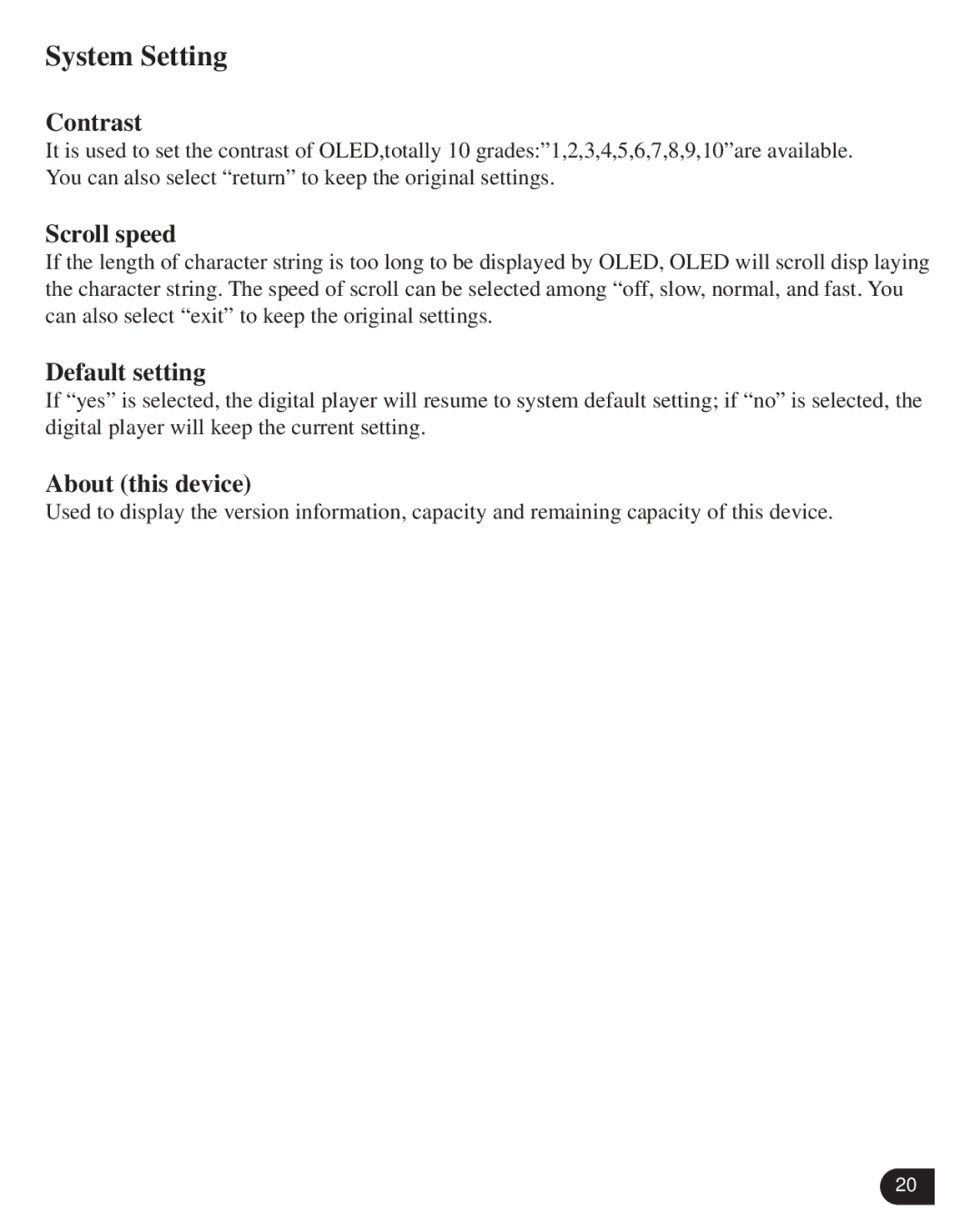 Verbatim VM-399 user manual Contrast, Scroll speed, Default setting, About this device 