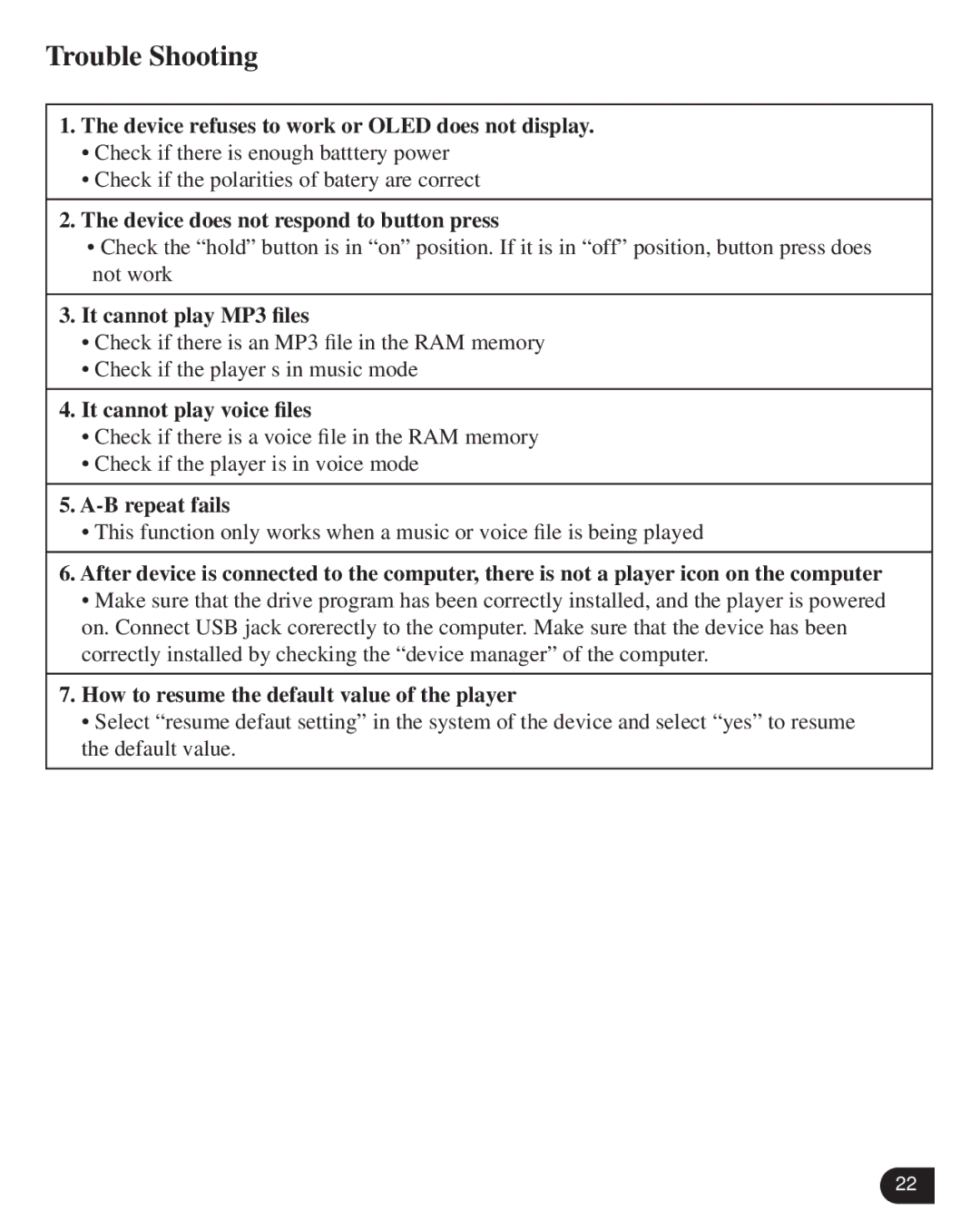 Verbatim VM-399 user manual Trouble Shooting, Device does not respond to button press 