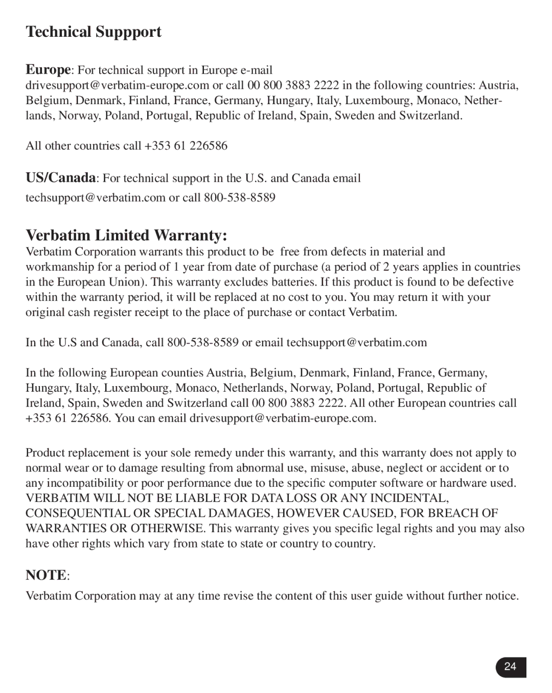 Verbatim VM-399 user manual Technical Suppport, Verbatim Limited Warranty 