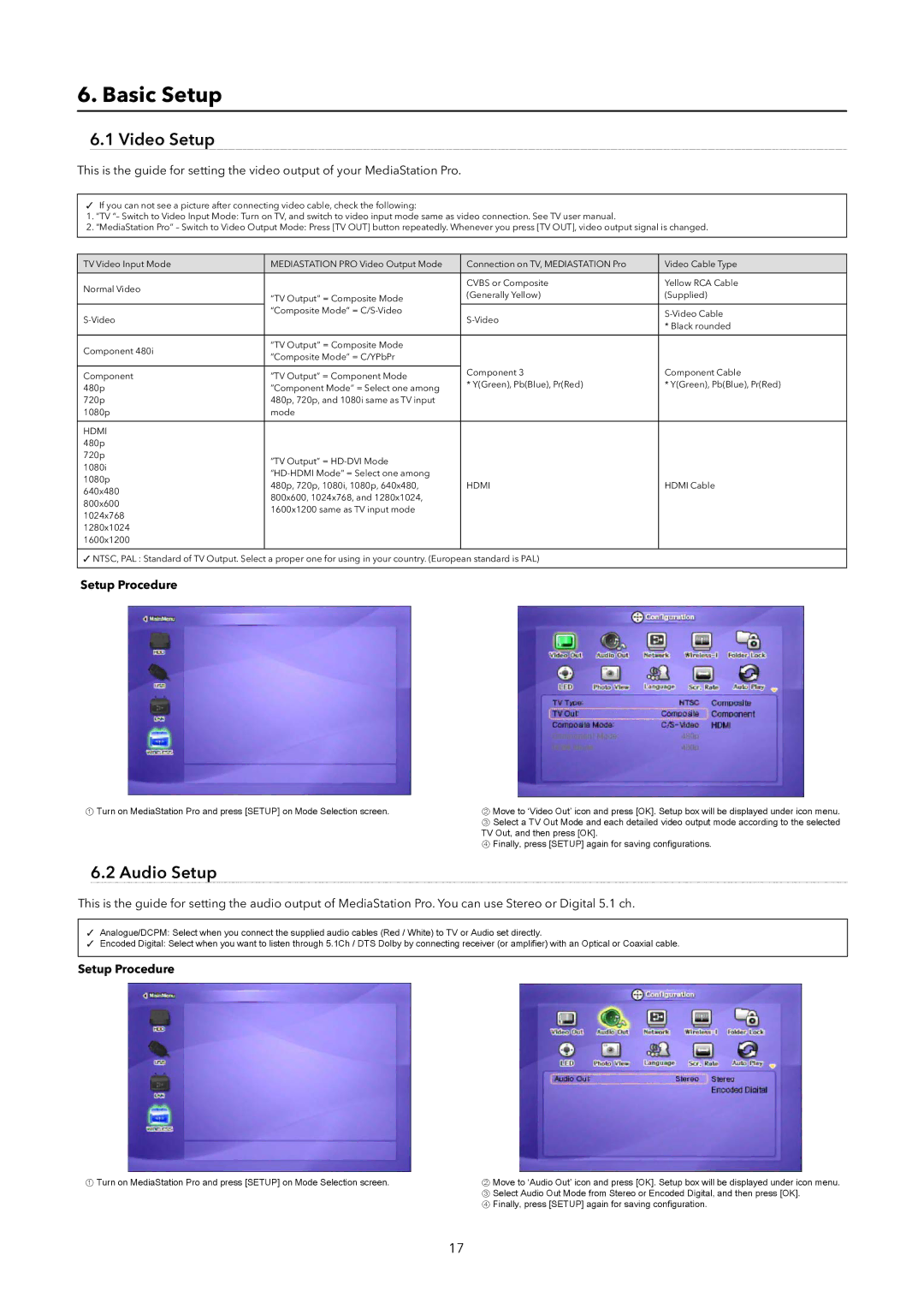 Verbatim Wireless Network Multimedia Hard Drive manual Basic Setup, Video Setup, Audio Setup 