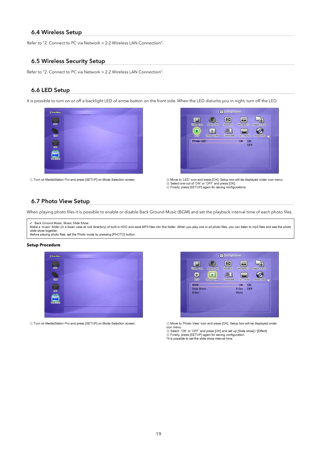 Verbatim Wireless Network Multimedia Hard Drive manual Wireless Setup, Wireless Security Setup, LED Setup, Photo View Setup 