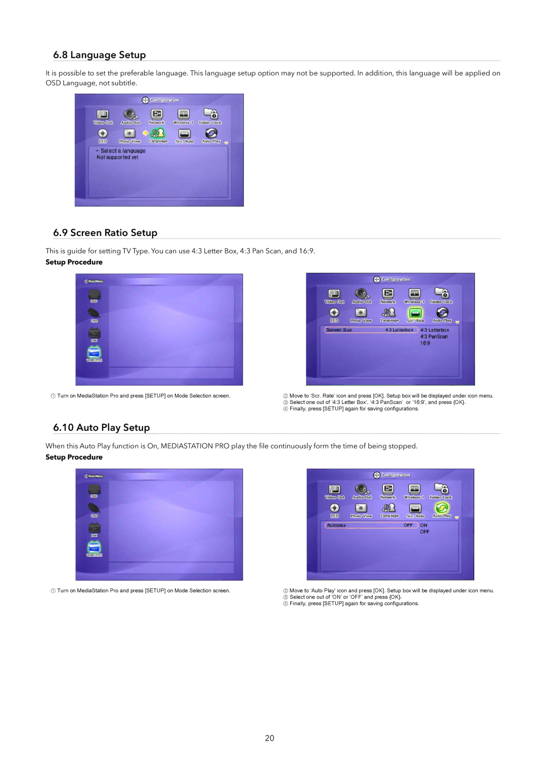 Verbatim Wireless Network Multimedia Hard Drive manual Language Setup, Screen Ratio Setup, Auto Play Setup 