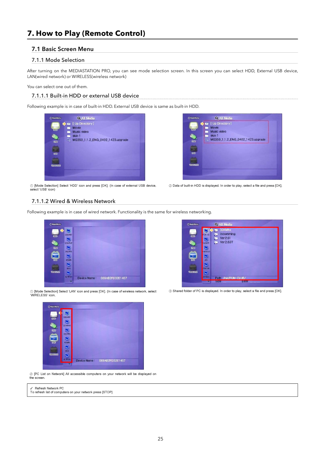 Verbatim Wireless Network Multimedia Hard Drive manual How to Play Remote Control, Basic Screen Menu, Mode Selection 