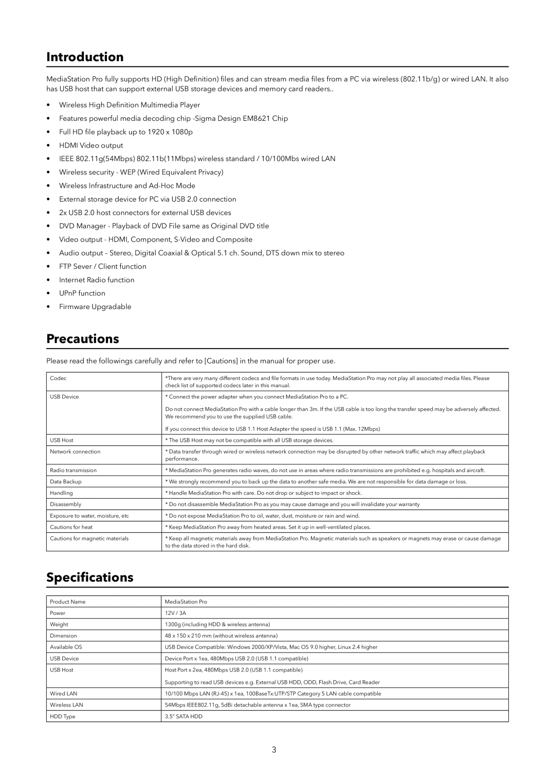 Verbatim Wireless Network Multimedia Hard Drive manual Introduction, Precautions, Speciﬁcations, Sata HDD 