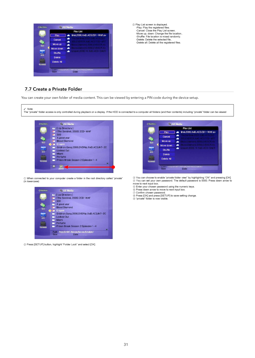 Verbatim Wireless Network Multimedia Hard Drive manual Create a Private Folder 